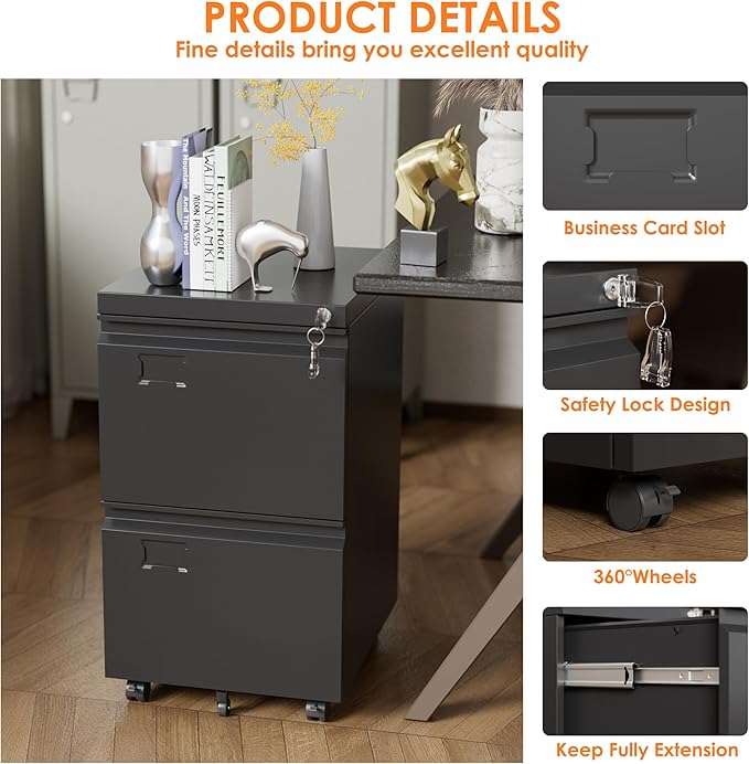 SUXXAN 2 Drawer Mobile File Cabinet with Lock, Heavy Duty Steel Under Desk Filing Cabinet for Letter/Legal Size, Anti-Tip Design with 5 Casters, Metal Storage Organizer for Home Office