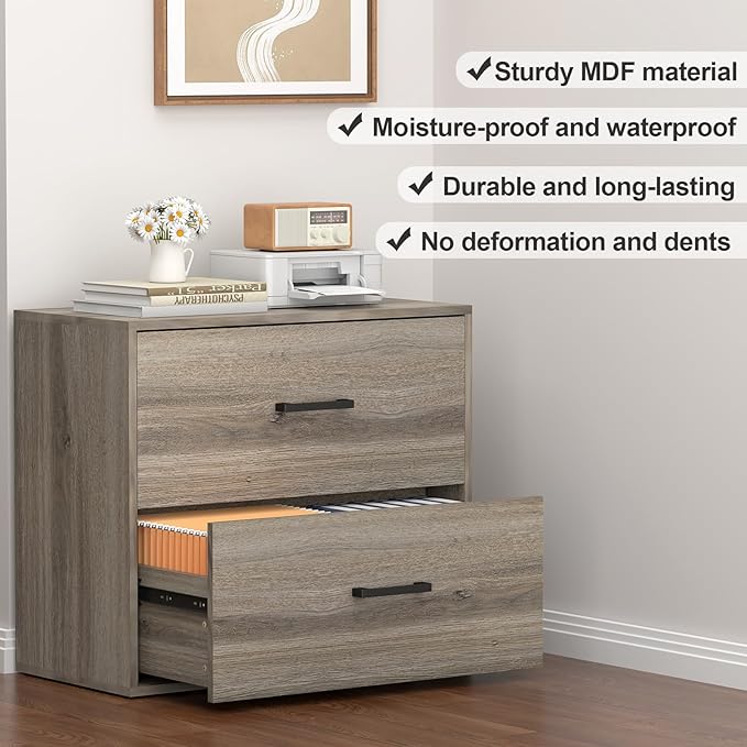 2 Drawer Wood Lateral File Cabinet, Wide Filing Cabinets for Home Office, Farmhouse File Cabinet Printer Stand for Hanging Files/Letters, Gray