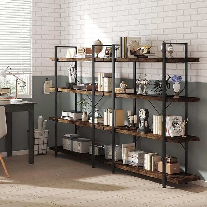 OtterOasis Bookshelf Set, Heavy Duty 4-Tier Industrial Bookcase, 47" Wide Wood Bookshelf for Home Office, 120lbs Shelf Capacity, Rustic Open Display with Horizontal Shelf for Living Room Bedroom