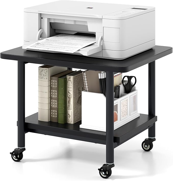 Giantex Under Desk Printer Stand, 2-Tier Mobile Printer Table with Storage Shelf, Lockable Wheels & Metal Frame, Rolling Printer Cart Holder, Storage Rack for Home Office Scanner Fax Machine (Black)