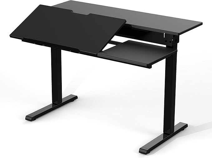 Stand Up Desk Store 40" Manual Adjustable Height Split Level Drafting Table Ergonomic Desk with Monitor Shelf (Black/Black)