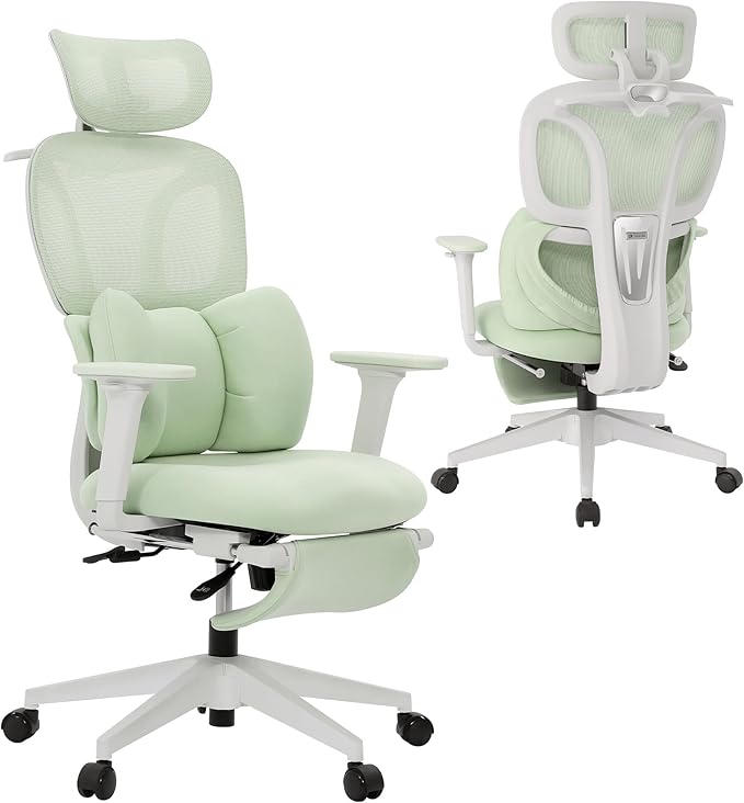 CabLady S1 Petite Ergonomic Home Desk Chair with Footrest and Headrest, High Back Fixed Lumbar Support with Detachable Pillow, Reclining Cute Office Chair for Women & Girls, 300 LBS Capacity