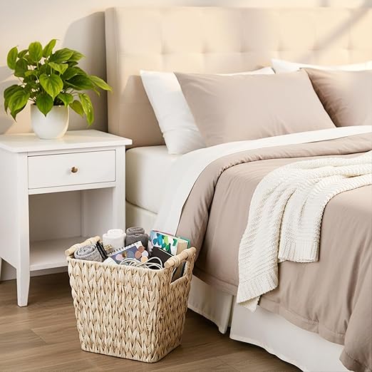 WLLHYF 5 Gallon Wicker Trash Can Handwoven Water Hyacinth Waste Basket Boho Wicker Decor Wastebasket with Handle Waterproof Small Garbage Can for Bedroom Bathroom Office Living Room