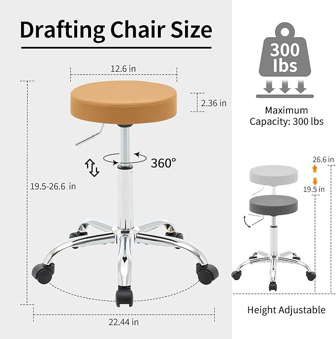 FIRAVOE Office Desk Chair, Adjustable Swivel Rolling Stool 19.5’’-26.6’’,Camel Brown Desk Stool with Wheels (Camel Brown)
