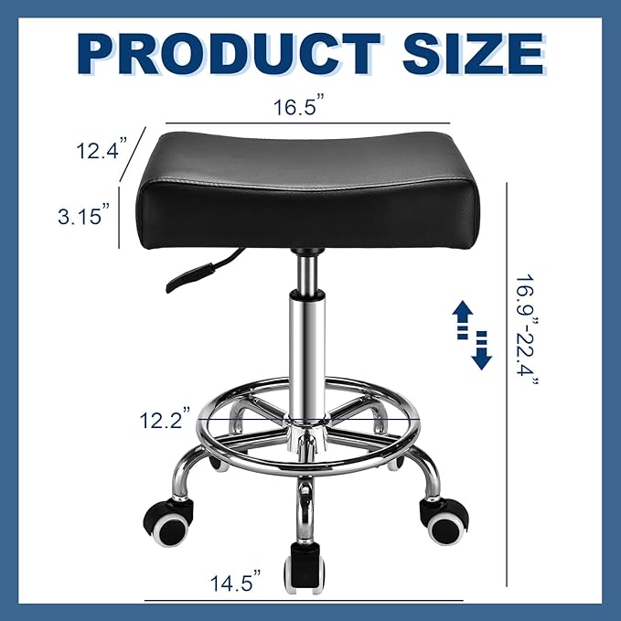 Square Salon Rolling Stool - 300lbs Weight Capacity，Adjustable Swivel Stool with Wheel，Pu Leahter Comfortable Cutting Stools for Salon Tattoo Stylist Massage Perfect for Work SPA (Premium Black)