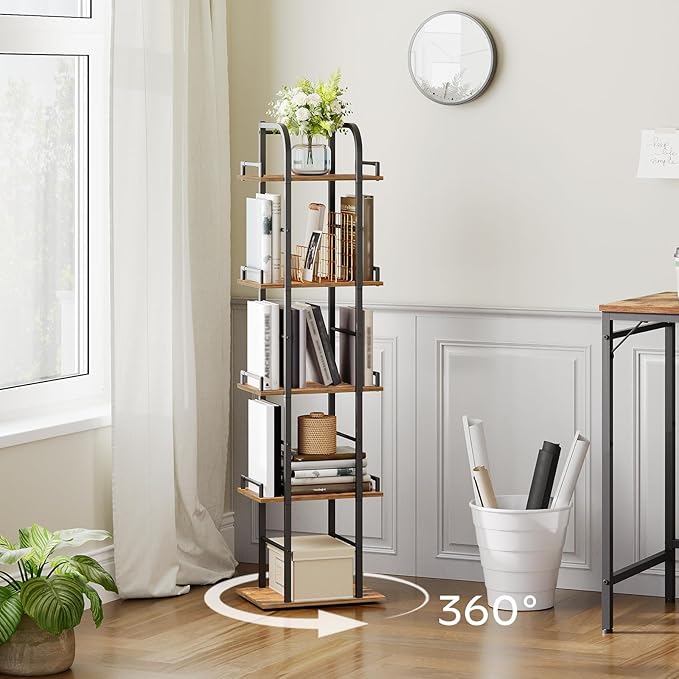 YATINEY 5 Tier Rotating Bookshelf, Freestanding Corner Bookshelf, 360 Spinning Bookcase Tower, Tall Industrial Style Organizer, Storage Shelf Bookcase for Living Room, Study, Rustic Brown SJ02BR
