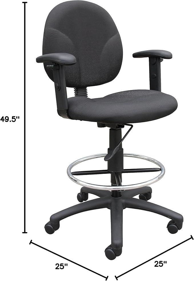Boss Office Products B1691-BK Stand Up Fabric Drafting Stool with Adjustable Arms in Black