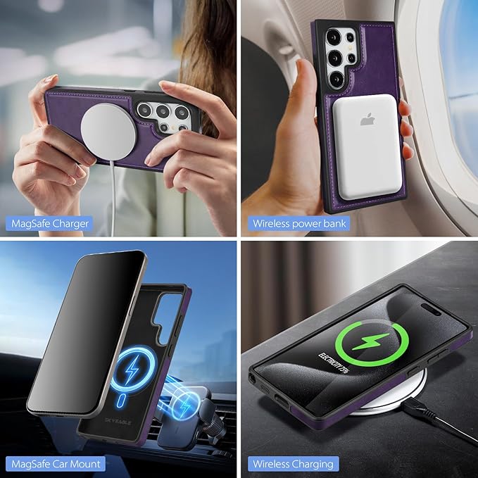 SkyEagle Compatible with Magsafe 2 in 1 Detachable Samsung Galaxy S25 Ultra Wallet Case with Card Holder,Women Men Magnetic PU Leather RFID Blocking Flip Kickstand Credit Slots,Purple