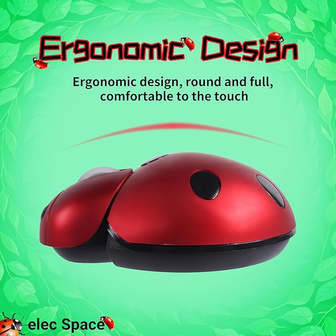 elec Space Wireless Mouse for Laptop & Kids, Cute Ladybug Shape Ergonomic Mouse with Case, Cordless for Laptop, PC, Mac & Notebook (Red)
