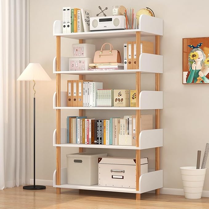 5-Tier Open Bookcase with Extra-Deep Shelves - Modern Display Bookshelf Premium Solid Wood for Living Room, Home Office & Bedroom, 11.8in Deep Storage Cabinet, Warm White (Warm White, Extra Large, 5)