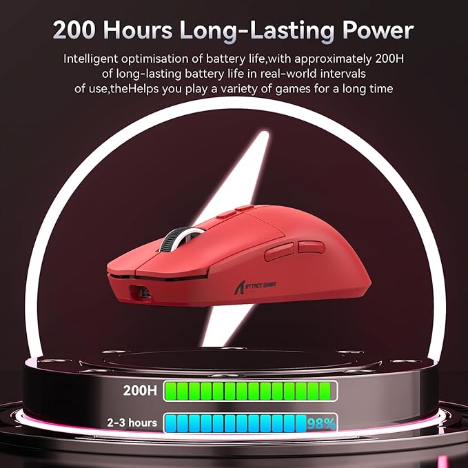 ATTACK SHARK X6 Lightweight Wireless Gaming Mouse with RGB Backlight Charging Base,Tri-Mode Wired/2.4GHz/BT5.2,26K DPI, PAW3395 Optical Sensor,HUANO Switch,5programmable Buttons,PC/Mac(Red)