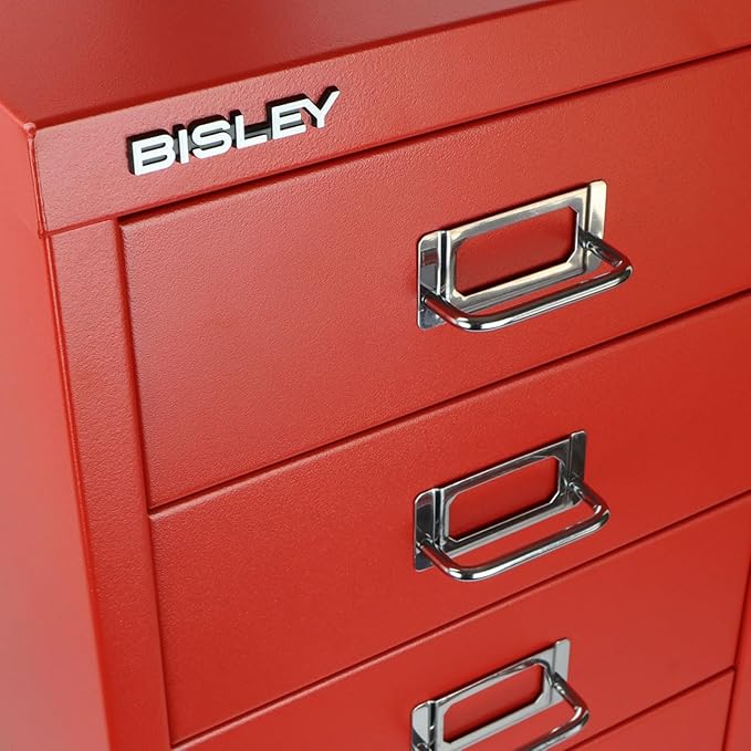 Bisley 6-Drawer Steel MultiDrawer Cabinet - Cardinal Red, Chrome Pull Handles with Label Holders, Powder-Coated Steel, Removable Drawers, Fits Under Most Desks, Labels Included