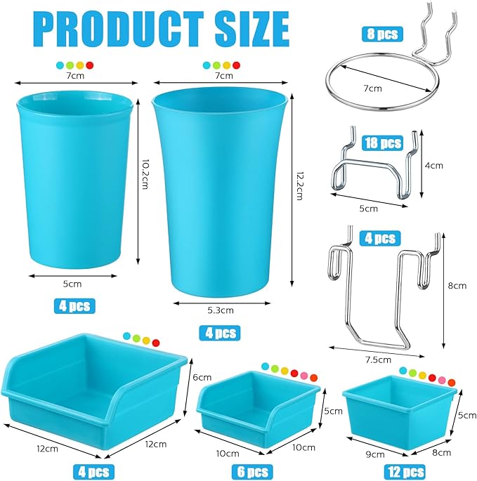 Roowest 60 Pcs Pegboard Cups Pegboard Bins Set, Wall Organizer with Hooks and Loops, Hooks Assortment Organizer Accessory for Office Storage Garage Craft Workshop(Multi Colors)
