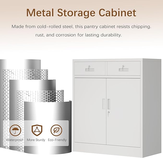 Metal Storage Cabinet with 2 Drawers, 36" H Locking Storage Cabinet, Metal Cabinets with Doors and Shelves for Home, School, Office, Garage, White
