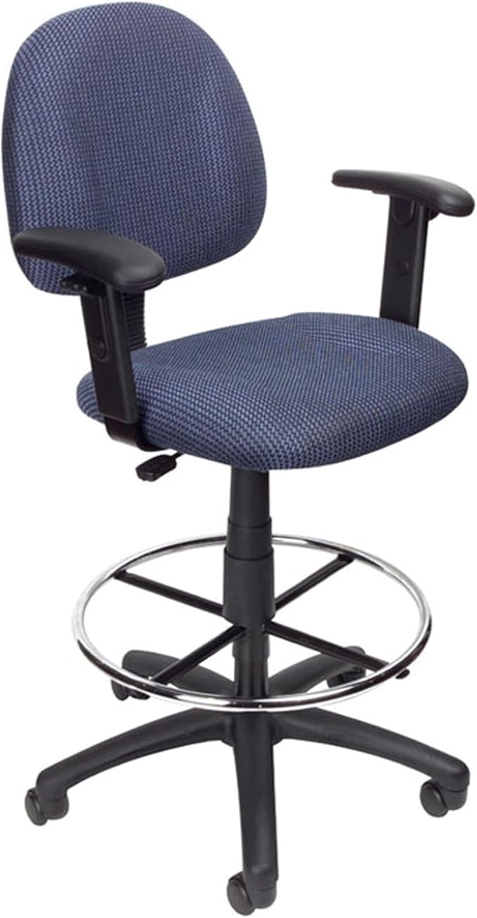 Benzara Jea Drafting Stool Chair, Adjustable Arms, Blue Tweed, Round Footring