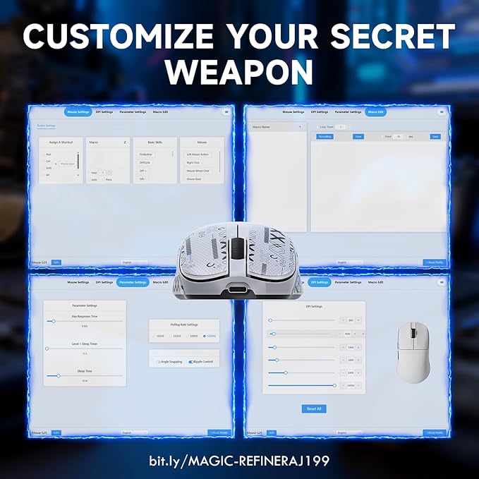 ZIYOU LANG×Magic-Refiner AJ199 Lightweight Wireless Gaming Mouse,Tri-Mode(2.4G/Wired/BT),24K DPI,PAW3311 Optical Sensor,1000Hz Polling Rate,600mAh,49g Ergonomic Mice for Mid-Large Hands-White&Sticker