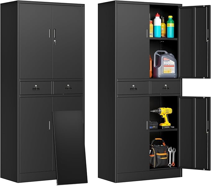 71" H Tall Metal Storage Cabinet with 2 Drawers, Metal Garage Storage Cabinet with Lock and 2 Adjustable Shelves for Home, Office, Garage, Warehouse Organize, Black