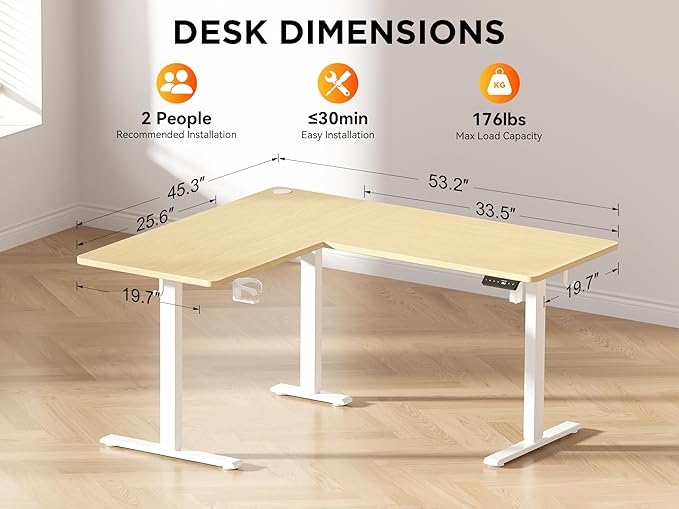 WALKINGDESK 55X45 Inches Reversible L Shaped Standing Desk Height Adjustable with Cup Holder, Electric Corner Computer Desk, Sit Stand up Home Office Desk, Ergonomic Gaming Desk, Oak