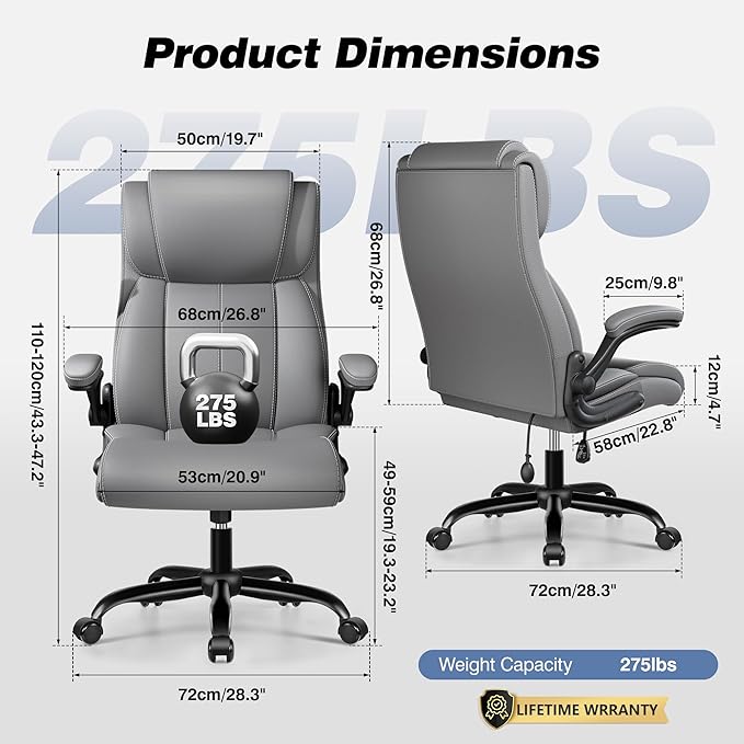 BESTFAIR Ergonomic Office Chair - Desk Computer Chair, Leather High Back Executive Chairs with Adjustable Lumbar Support & Flip Up Arms, Gray 6 Pack