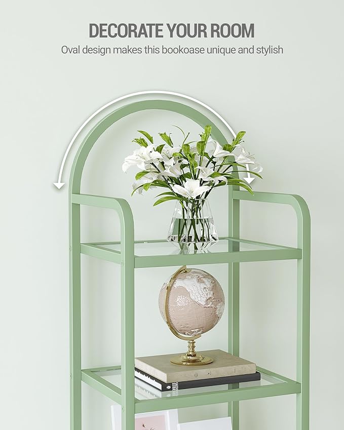 Hzuaneri Bookcase Bookshelf, Tempered Glass Bookshelves, Slim Shelving Unit for Bedroom, Bathroom, Home Office, Steel Frame, 5 Tier Green BC05099C