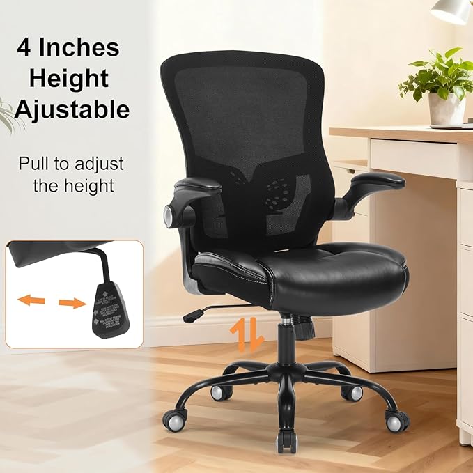 Ergonomic Office Chair, PU Leather Ergonomic Desk Chair with Mesh Back Adjustable Lumbar Support Home Gmaing Desk Chair with Wheels and Flip-Up Armrests, 360°Swivel, Tilt Lock and Wide Cushion-400LBS