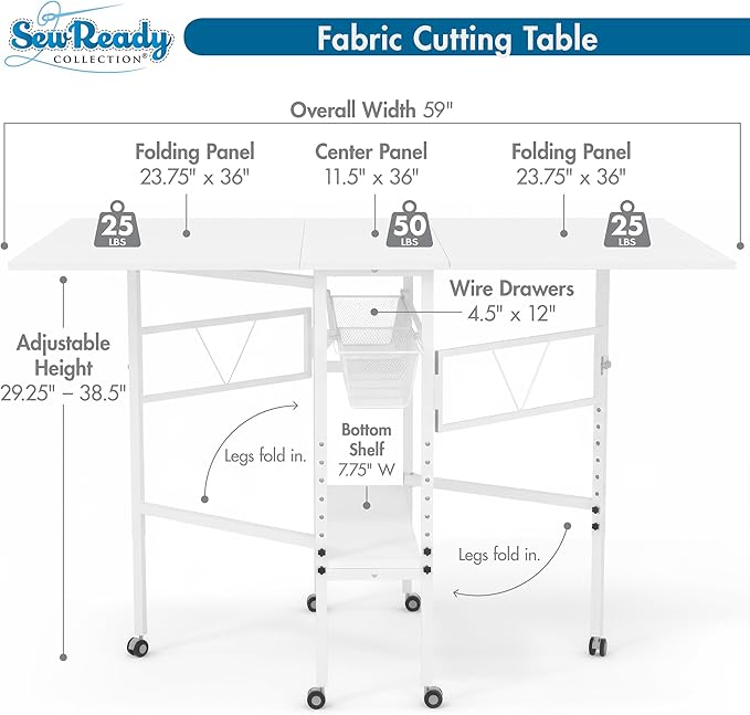 Sew Ready Folding Sewing Craft Table with Storage, Adjustable Height Cutting Desk with Drawers and Wheels for Quilting, Fabric, and Hobby Room, White