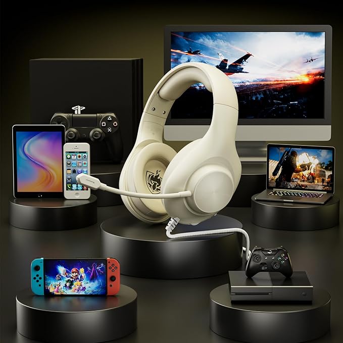 Gaming Headset for PS5 PS4 PC, Wired Headsets with 7.1 Surround Sound, H-7 Gaming Over Ear Headphones with Noise Cancelling Flexible Mic Memory Earmuffs, for PC/PS5/PS4/XboxSeries X/S/Switch (White)