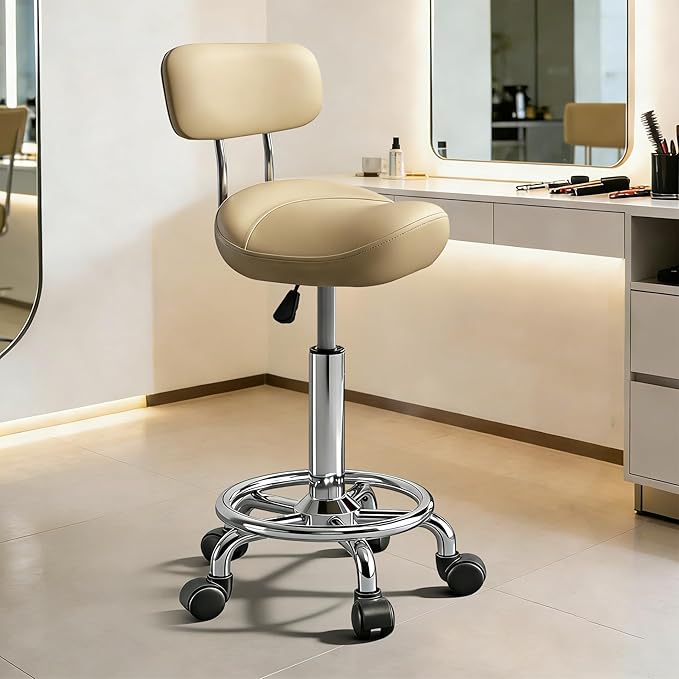 Saddle Stool with Back and Ring Pedal, Adjustable Hydraulic Rolling Chair with Wheels for Salon, Spa, Medical, Massage & Drafting Use Khaki