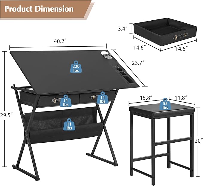 VECELO Drafting Table Art Desk Art Table Adjustable Drawing Table Tilted Tabletop with 2 Storage Drawers and Stool, Drawing Desk for Artist Painters Drawing, Crafting, Reading, Writing, Black