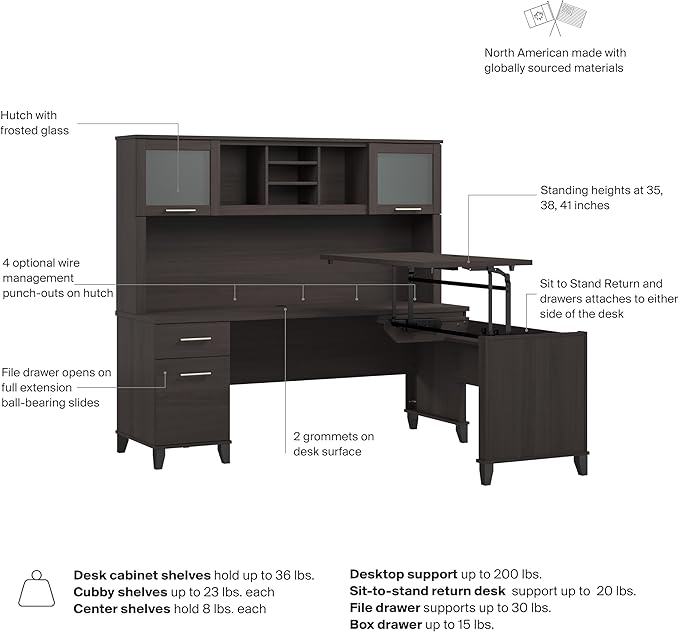 Bush Home Somerset 72W 3 Position Sit to Stand L Shaped Desk with Hutch in Storm Gray | Adjustable Height Table for Home Office