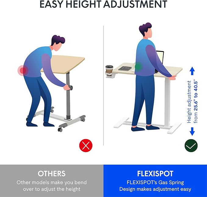 FLEXISPOT H7 Adjustable Overbed Bedside Table with Wheels Pneumatic Mobile Standing Desk Laptop Desk Rolling Computer Cart Movable Overbed Table Hospital Home Use(31.5" W x 17.7" D, White Wood Grain)