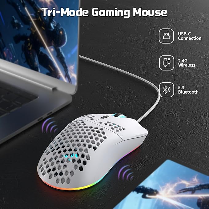 FREEWOLF X HXSJ T66 Wireless Gaming Mouse Tri-Mode Superlight Honeycomb Design PAW3212 3600DPI Sensor 1000Hz Polling Rate Bluetooth/2.4Ghz/Wired Ergonomic PC Mice RGB Light Programmable Buttons-White