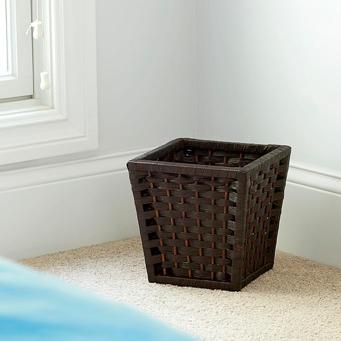 Household Essentials Woven Waste Basket, 3 Gallons, HandWoven Paper Rope with Removable Plastic Liner, Durable Wood Frame, Wide and Open Top for Easy Access, Decorative, Brown