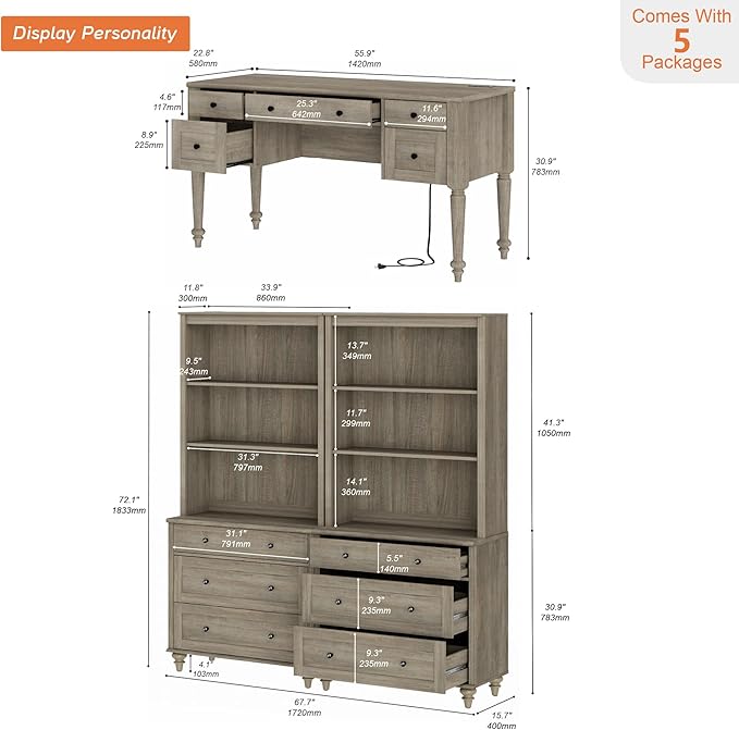 WAMPAT Home Office Furniture Set, 56'' Executive Desk with Charging Station, 72" Tall Bookcase with 6 Drawers, Wood Computer Desk with File Cabinet Storage, Open Shelf, Wash Grey