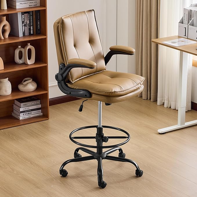Karl home Drafting Chair Height Adjustable for Standing Desk, PU Upholstered Tall Office Swivel Desk Chair with Flip-Up Armrests, Ergonomic Lumbar Support, Adjustable Foot Ring, Khaki