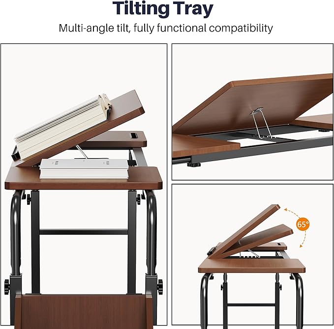 Overbed Table with Wheels, Tilting Overbed Desk Adjustable Height & Length, Queen Over Bed Table with Storage Cabinet, Rolling Laptop Desk for Bedroom, Living Room, Hospital (Brown, 47.24in)