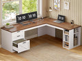 SEDETA Farmhouse 67" L Shaped Desk with 3 Drawers, White Corner Computer Desk with Storage Shelves, Home Office Desks with Power Outlets，Executive Desk for Home Office, White and Brown