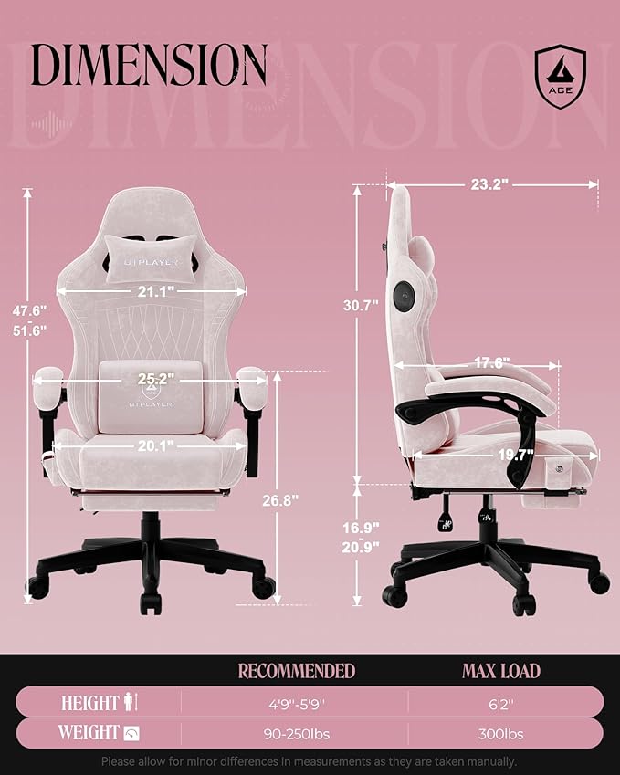 GTPLAYER Gaming Chair with Speakers, Video Game Chairs with Footrest, PC Gamer Chairs for Adults - Padded High Back Ergonomic Reclining Silla Gamer, Linkage Armrest, ACE Pro, Pink (Velvet)