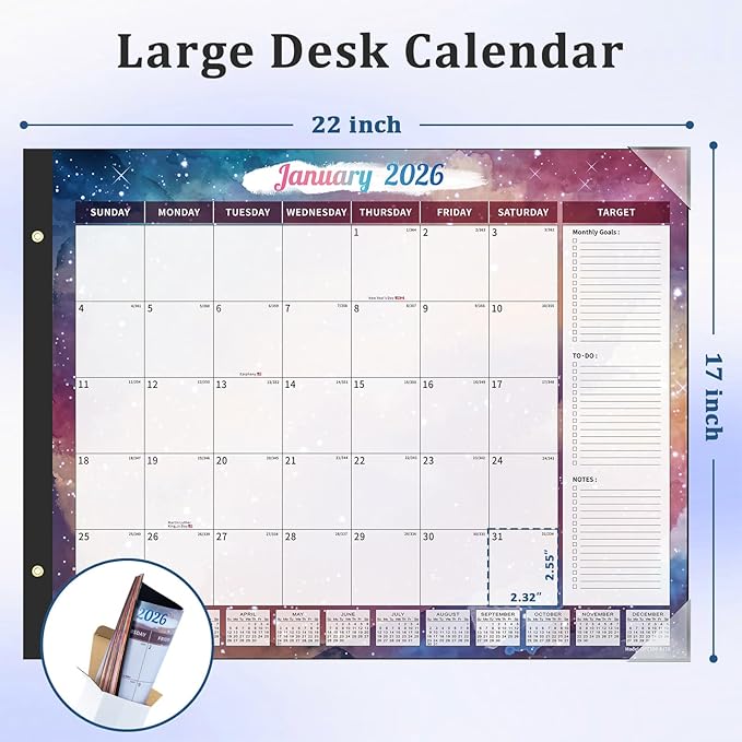 Ospelelf Desk Calendar 2026-2027 Large 22"x17" Monthly Family Planner Pad with Protective Cover 18 Months January 2026 - June 2027 Starry Sky