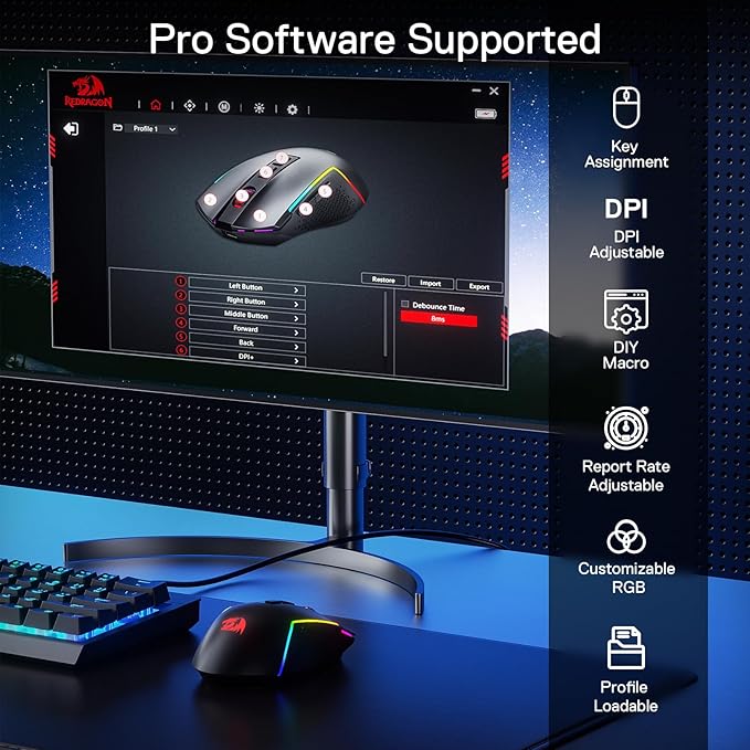 Redragon M693 LIT Wireless Gaming Mouse, 12800 DPI Mice w/ 3-Mode Connection, BT & 2.4G Wireless, 7 Macro Buttons, Reliable Power Capacity for PC/Mac/Laptop