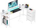 DEVAISE L Shaped Gaming Desk with Drawers and Storage, L Shaped Desk with LED Lights, Power Outlets, PC Desk with Monitor Stand, Corner Desk for Home Office (White,66 Inch)