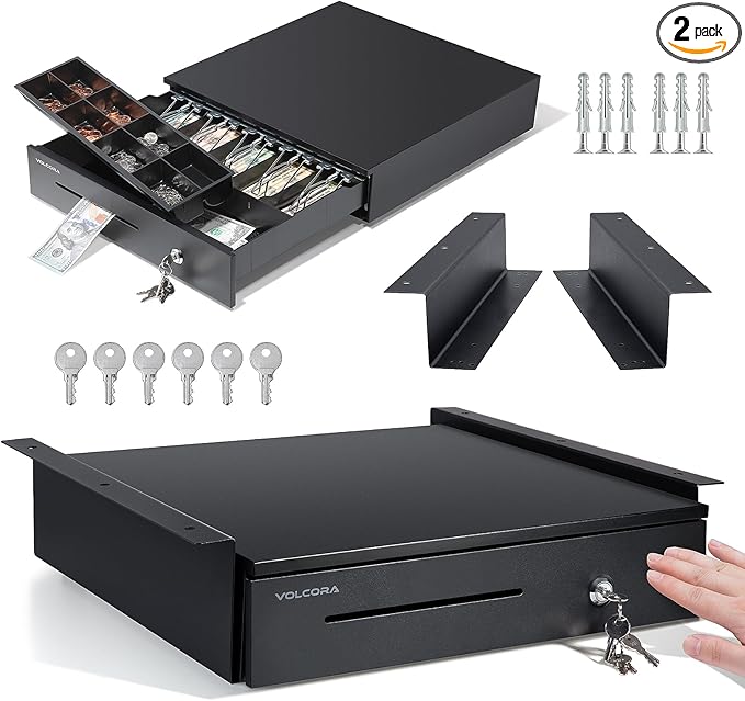 Volcora Manual Push Open Cash Register Drawer with Under Counter Mounting Metal Bracket - 16" Black Front Touch Panel Cash Drawer for POS, Partial Removable 5 Bill 8 Coin Tray, Key-Lock
