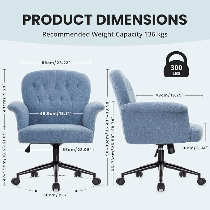 IWMH Home Office Desk Chair, Teddy Fabric Cozy Desk Chair with Wheels and Arms, Modern Upholstered High Back Wide Seat Vanity Chair for Bedroom Living Room Makeup (Blue)