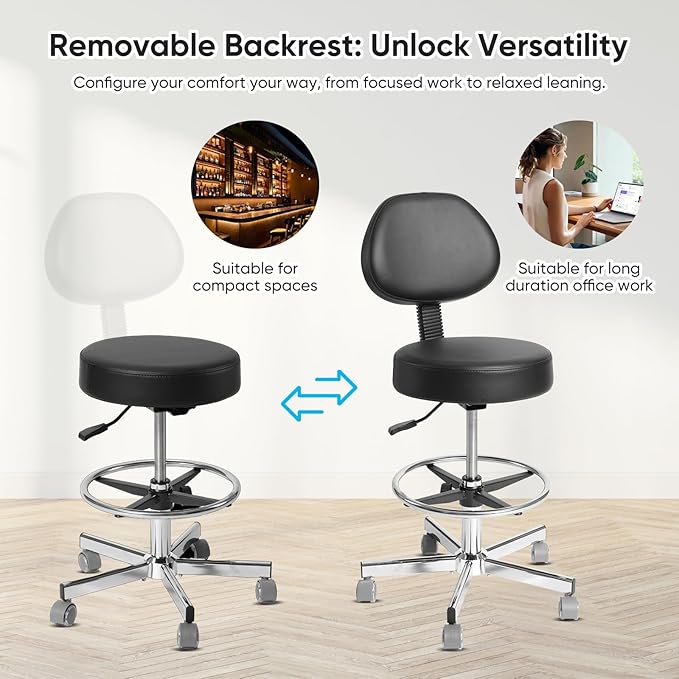 Adjustable Rolling Stool with Wheels & Adjustable Foot Ring, Office Drafting Chairs,Rolling Adjustable Stool,Heavy Duty Rolling Chair for Office Home Work Spa Studio Lab Counter Salon Bar Kitchen Shop