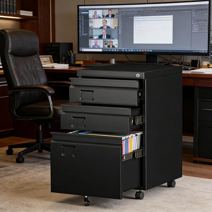 SUXXAN 3 Drawer Mobile File Cabinet with Lock, Heavy Duty Steel Under Desk Filing Cabinet for Letter/Legal/A4 Size, Fully Assembled Except Casters, Anti-Tip Design for Home Office