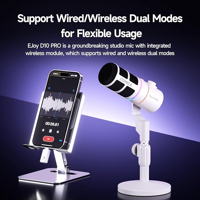 EJoy D10 PRO(D) COMBO Dual-Channel Wireless USB Gaming Microphone – RGB Dynamic Mic with Wired/Wireless Modes, XLR/USB-C, Real-Time Monitoring, Studio Mic for Streaming, Podcast, Recording (White)