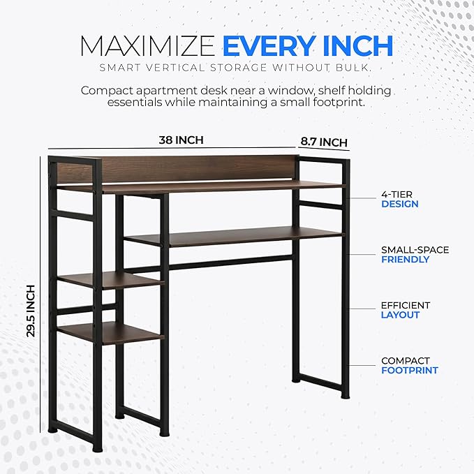 Desk Shelf Storage, 38 Inch, 4-Tier Wood Bookshelf Organizer, Computer Desk Hutch – Dark Brown, Desktop Bookshelf Organizer Shelf for Desk for Dorm Workspace and Home Office Use