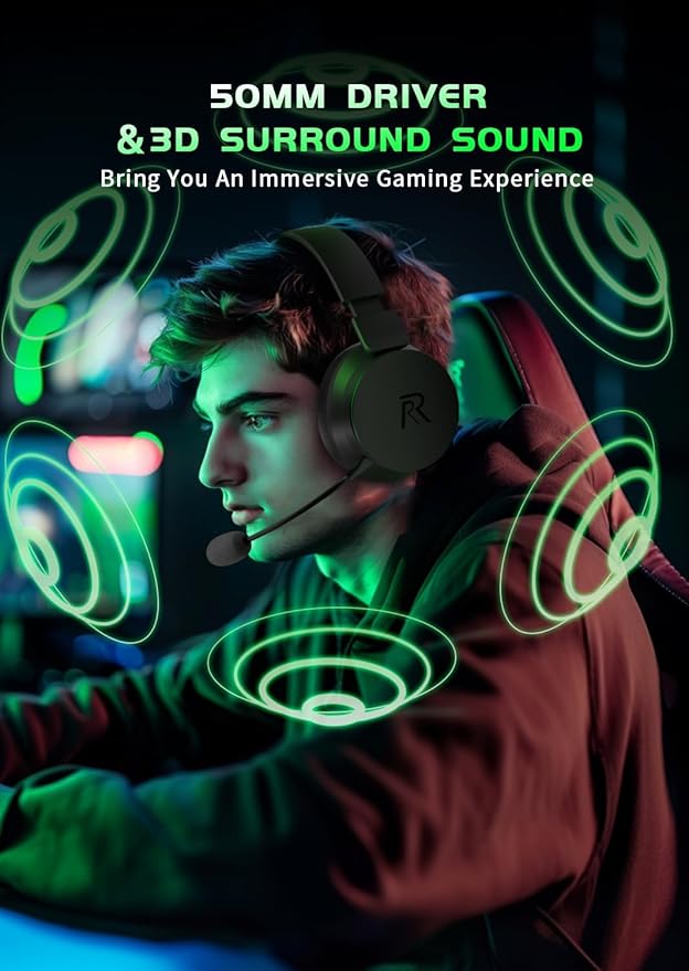 RYR Wireless Gaming Headset for Xbox Series X|S, Xbox One, PS5, PS4, Switch, Mac, Bluetooth 5.3, 3D Surround Sound, Rotatable Earmuffs, Gaming Headphones with Noise Canceling Microphones-Blackgreen