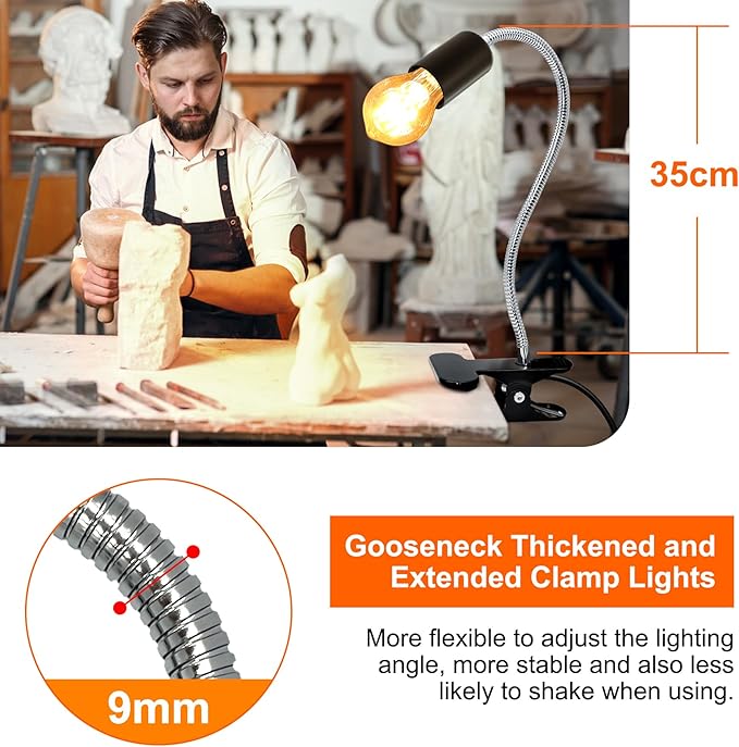 Clip-on E26/E27 Clamp Light Socket with 220 CM Cable, 360 Rotatable Flexible Desk Lamp, 9MM & 350MM Thickened Lengthened Gooseneck, Metal Base, for Bedside