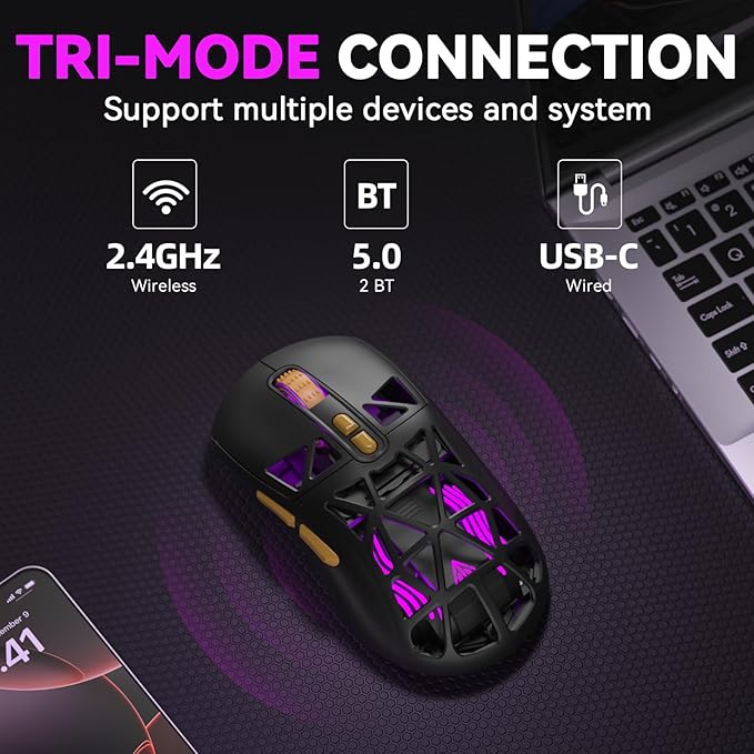 CORBOBO SOLAKAKA SM802 Wireless Gaming Mouse,24,000 DPI Max,Tri-Mode 2.4GHz/BT/Wired USB Rechargeable White Mouse with RGB,Programmable Macro Buttons,68g Lightweight Computer Mouse for Laptop/PC/Mac